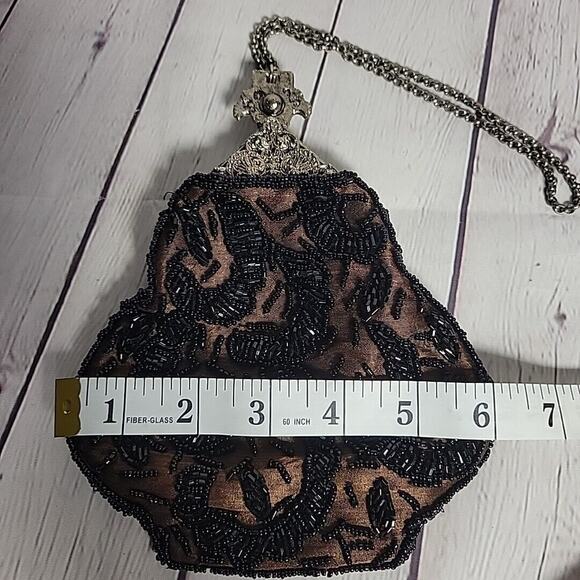 Beaded Hand Purse Vintage Antique Brown W/ Black Beads Metal Clasp/Chain - Picture 10 of 10